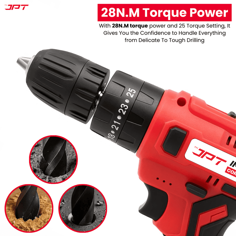 JPT Heavy-Duty 21V Impact Cordless Drill Machine | 28N.M Torque | 0-1350RPM Speed | 25+3 Gears Setting | 2 Speed Modes | Bright LED Light | Forward & Reverse | 2000mAh Battery | Fast Charger