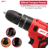 Buy the JPT heavy-duty 21-volt impact cordless drill machine, featuring 28 NM torque, 1350 rpm, keyless chuck, 25+3 setting modes, and more at the best price.