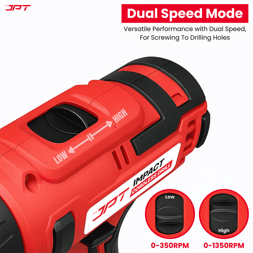 Buy the JPT heavy-duty 21-volt impact cordless drill machine, featuring 28 NM torque, 1350 rpm, keyless chuck, 25+3 setting modes, and more at the best price.