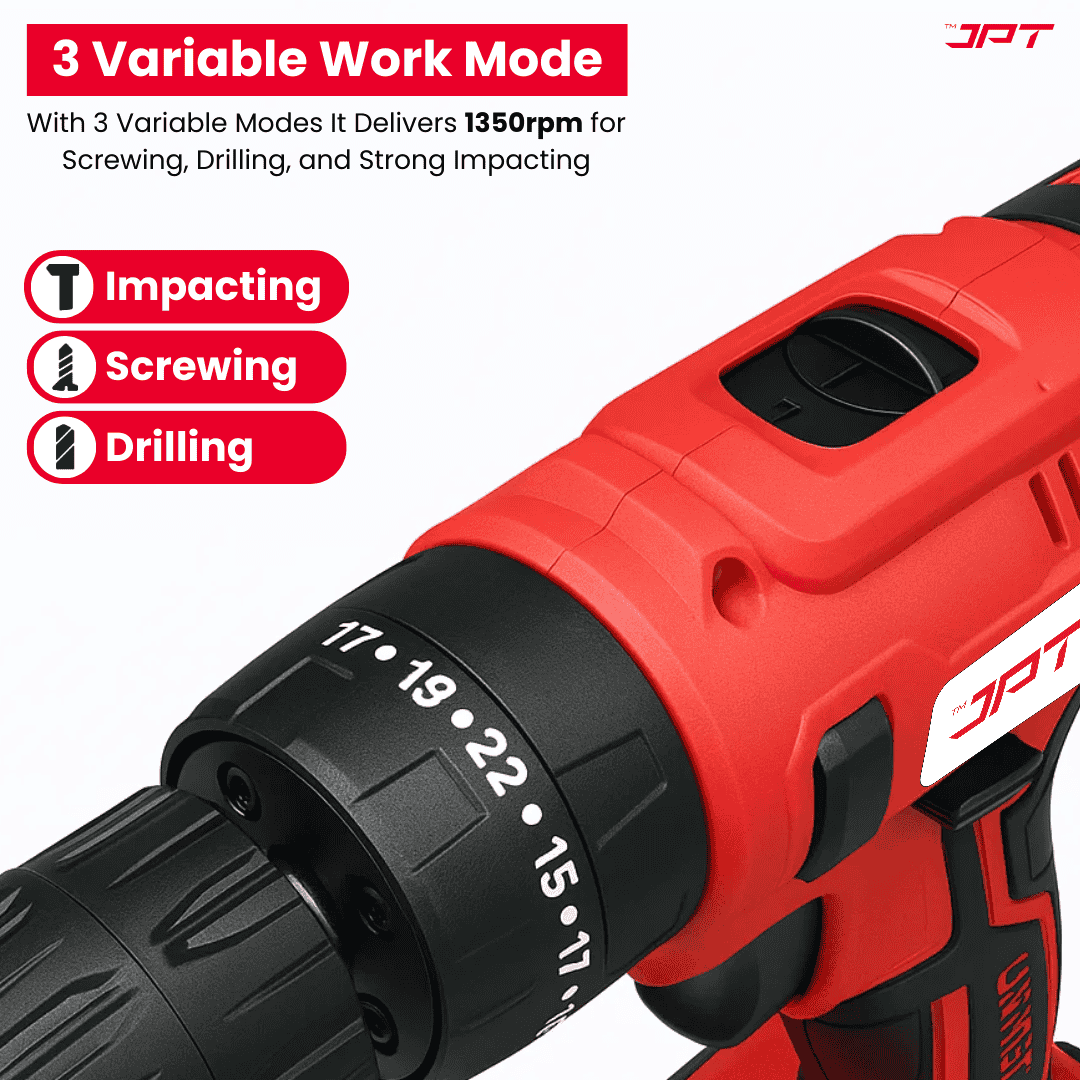Buy the JPT heavy-duty 21-volt impact cordless drill machine, featuring 28 NM torque, 1350 rpm, keyless chuck, 25+3 setting modes, and more at the best price.