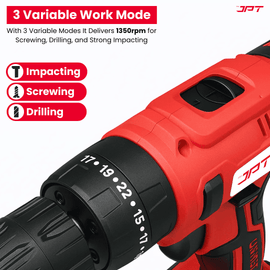 Buy the JPT heavy-duty 21-volt impact cordless drill machine, featuring 28 NM torque, 1350 rpm, keyless chuck, 25+3 setting modes, and more at the best price.