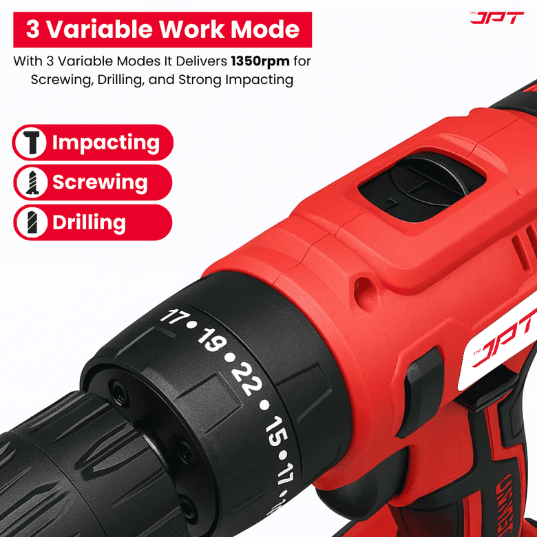 JPT Heavy-Duty 21V Impact Cordless Drill Machine | 28N.M Torque | 0-1350RPM Speed | 25+3 Gears Setting | 2 Speed Modes | Bright LED Light | Forward & Reverse | 2000mAh Battery | Fast Charger