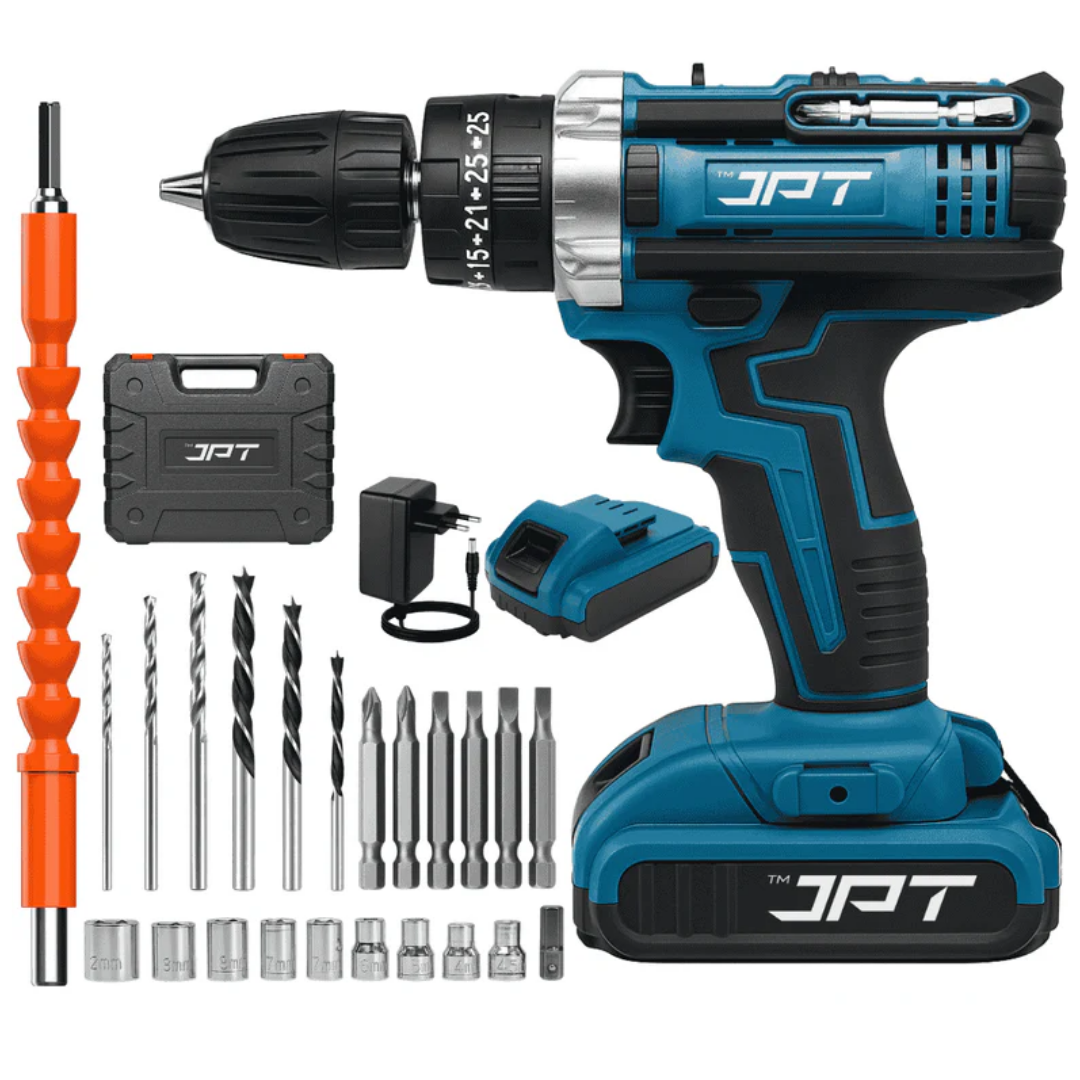 JPT 21V Heavy-Duty Impact Cordless Drill Machine | Max. 90N.M Torque | Max. 0-2000RPM Speed | 10MM Keyless Chuck | 25+3 Gears Setting | 2.0Ah Li-Ion Battery | 24Pcs Drill Accessories