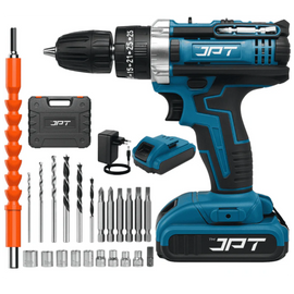 JPT 21V Heavy-Duty Impact Cordless Drill Machine | Max. 90N.M Torque | Max. 0-2000RPM Speed | 10MM Keyless Chuck | 25+3 Gears Setting | 2.0Ah Li-Ion Battery | 24Pcs Drill Accessories