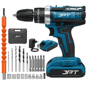 JPT 21V Heavy-Duty Impact Cordless Drill Machine | Max. 90N.M Torque | Max. 0-2000RPM Speed | 10MM Keyless Chuck | 25+3 Gears Setting | 2.0Ah Li-Ion Battery | 24Pcs Drill Accessories