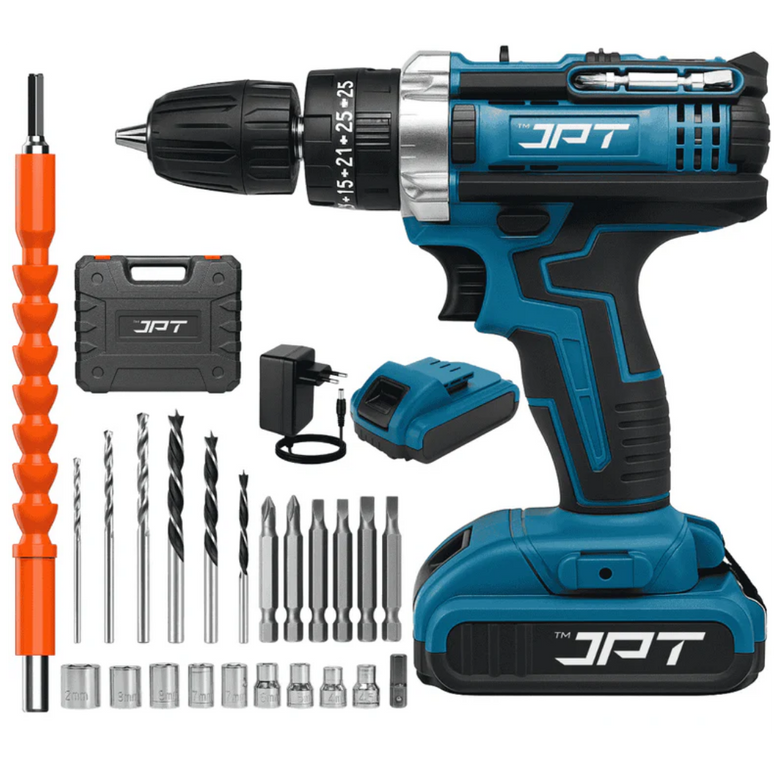 JPT 21V Heavy-Duty Impact Cordless Drill Machine | Max. 90N.M Torque | Max. 0-2000RPM Speed | 10MM Keyless Chuck | 25+3 Gears Setting | 2.0Ah Li-Ion Battery | 24Pcs Drill Accessories
