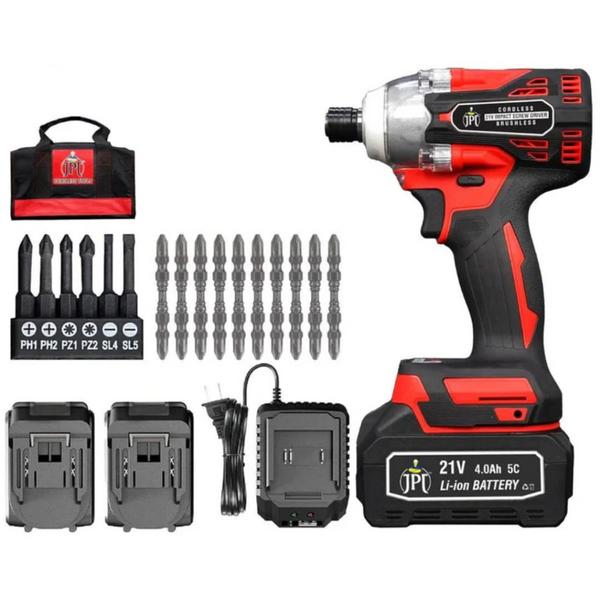 JPT Combo 21V Brushless Impact Cordless Screwdriver Machine | 270N.M Torque | 3000RPM Variable Speed | 1/4’’ All-Metal Hex Chuck | 4000mAh Battery | 16 Pieces Impact Screwdriver Bits Set