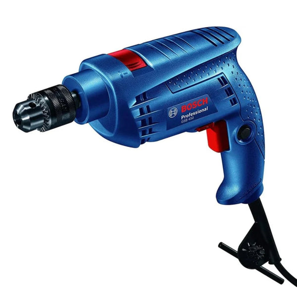 Buy Bosch GSB 450 impact drill machine, featuring 10 mm chuck and a 450 W powerful motor, lightweight design, made in India, and professional-grade performance.