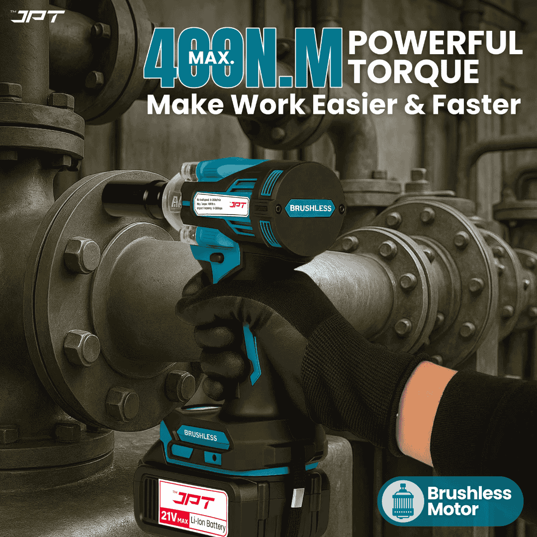 Buy JPT 21V cordless impact wrench with 400Nm torque, 3-speed control, 4000mAh battery, LED light, and 39-piece accessories kit for garage or workshop use.