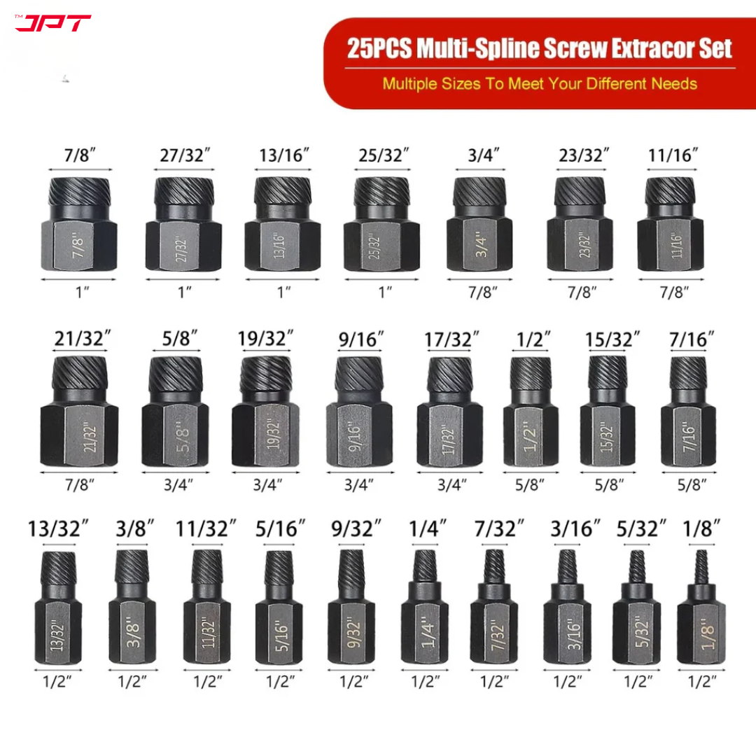 JPT 25-Piece Damaged Screw Extractor Set | Hex Head Multi-Spline Remover | Rounded Bolt Remover for Broken Studs, Bolts, Hex Sockets, Screws, and Fittings