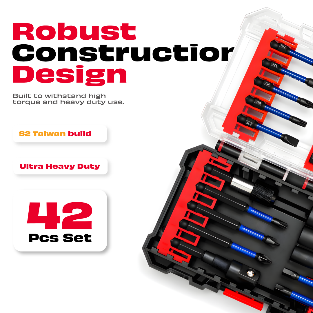 JPT 42-Piece Impact Rated S2 Steel Bit Set | Phillips, Pozidriv, Torx, Hex & Slotted Bits with Bit Holder & Socket Adapter | Taiwan Material for Impact Driver & Drill | Ultra Heavy Duty