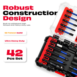 JPT 42-Piece Impact Rated S2 Steel Bit Set | Phillips, Pozidriv, Torx, Hex & Slotted Bits with Bit Holder & Socket Adapter | Taiwan Material for Impact Driver & Drill | Ultra Heavy Duty