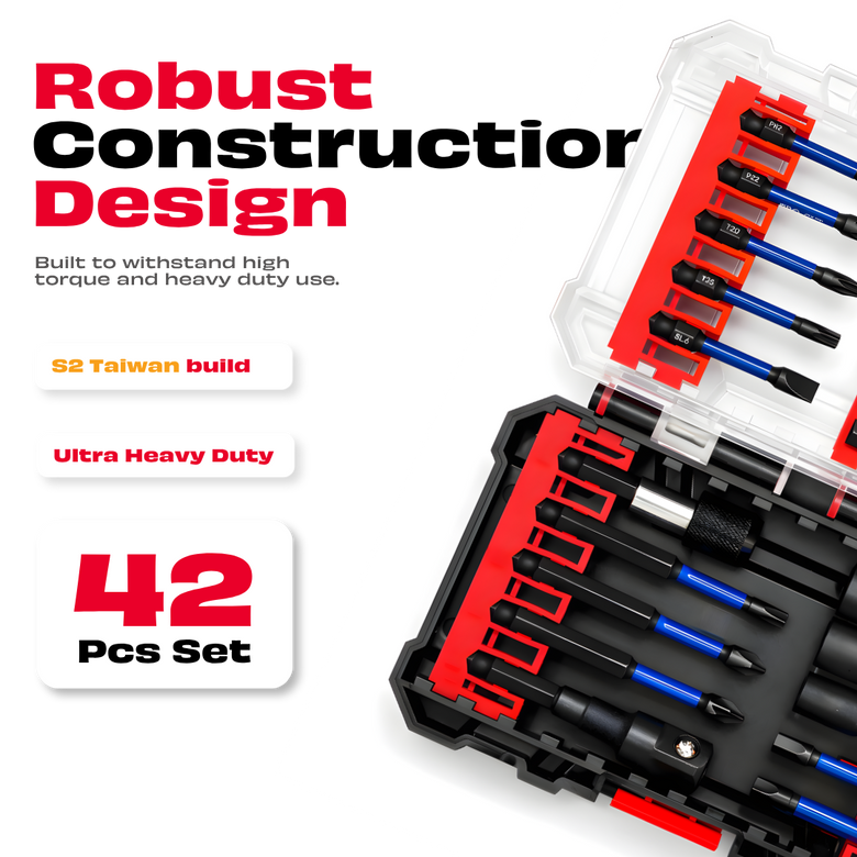 JPT 42-Piece Impact Rated S2 Steel Bit Set | Phillips, Pozidriv, Torx, Hex & Slotted Bits with Bit Holder & Socket Adapter | Taiwan Material for Impact Driver & Drill | Ultra Heavy Duty