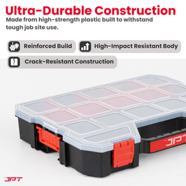 JPT Ultra Heavy Duty Tool Organizer Large | Stackable Interlocking Storage Box with 17 Compartments & 10 Removable Dividers | Portable Multi-Purpose Parts Organizer for Home & Professional Use