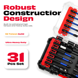 JPT 31-Piece Impact Driver Bit Set | S2 Taiwan Steel Impact Rated Bits with Phillips, Torx, Hex & Nut Driver | Includes Bit Holder & Socket Adapter | For Drill & Impact Driver | Ultra Heavy Duty