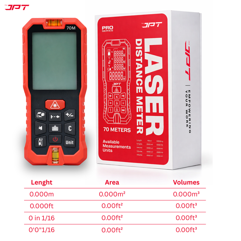 JPT 70M Laser Distance Meter | Digital Laser Measuring Tool with Area & Volume Calculation, Pythagorean Height Mode, Continuous Measurement, Unit Conversion, Backlit Display & Bubble Level