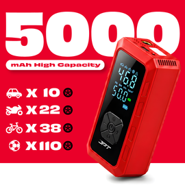 JPT Cordless Tyre Inflator | 5000mAh Air Compressor with Power Bank & Type-C Charging | Preset Modes, Auto Stop, Multi-Unit Display | Portable Pump for Car, Bike, Cycle & Ball | Red