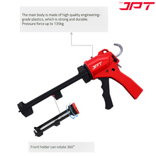 Buy now the JPT Pro Series heavy-duty caulking silicone gun, featuring dual-mode functionality, a built-in cutting knife, and a 360° rotating front holder.