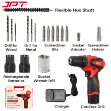 Buy JPT multi-purpose 12v cordless drill  machine with 24 drill accessories all at the best price. Shop best collection of 12v, 18v, and 21v drill at JPT Tools.