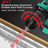 Get the JPT 3/8" impact portable cordless drill machine, featuring28nm torque, 1350rpm, 3 modes, lightweight, keyless chuck, and built-in LED light. Buy Now