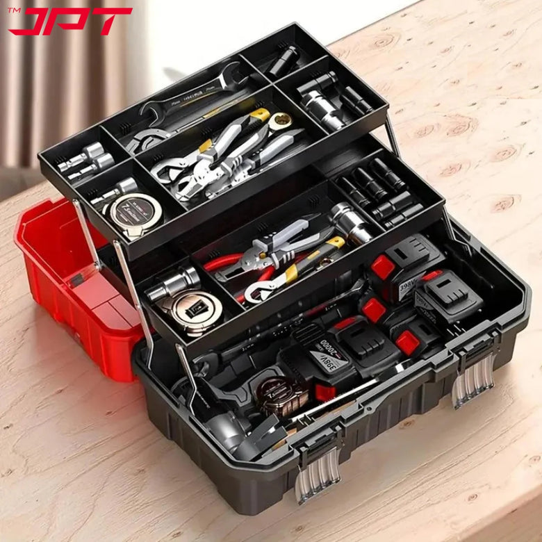JPT 17-Inch 2-Tiers Heavy-Duty Folding Tool Box | Industrial-Grade Plastic Build | Two Transparent Lids With 2 Tray Compartments | SS Secure Latch with Padlock | Best for Electricians, Carpenters, Automobile