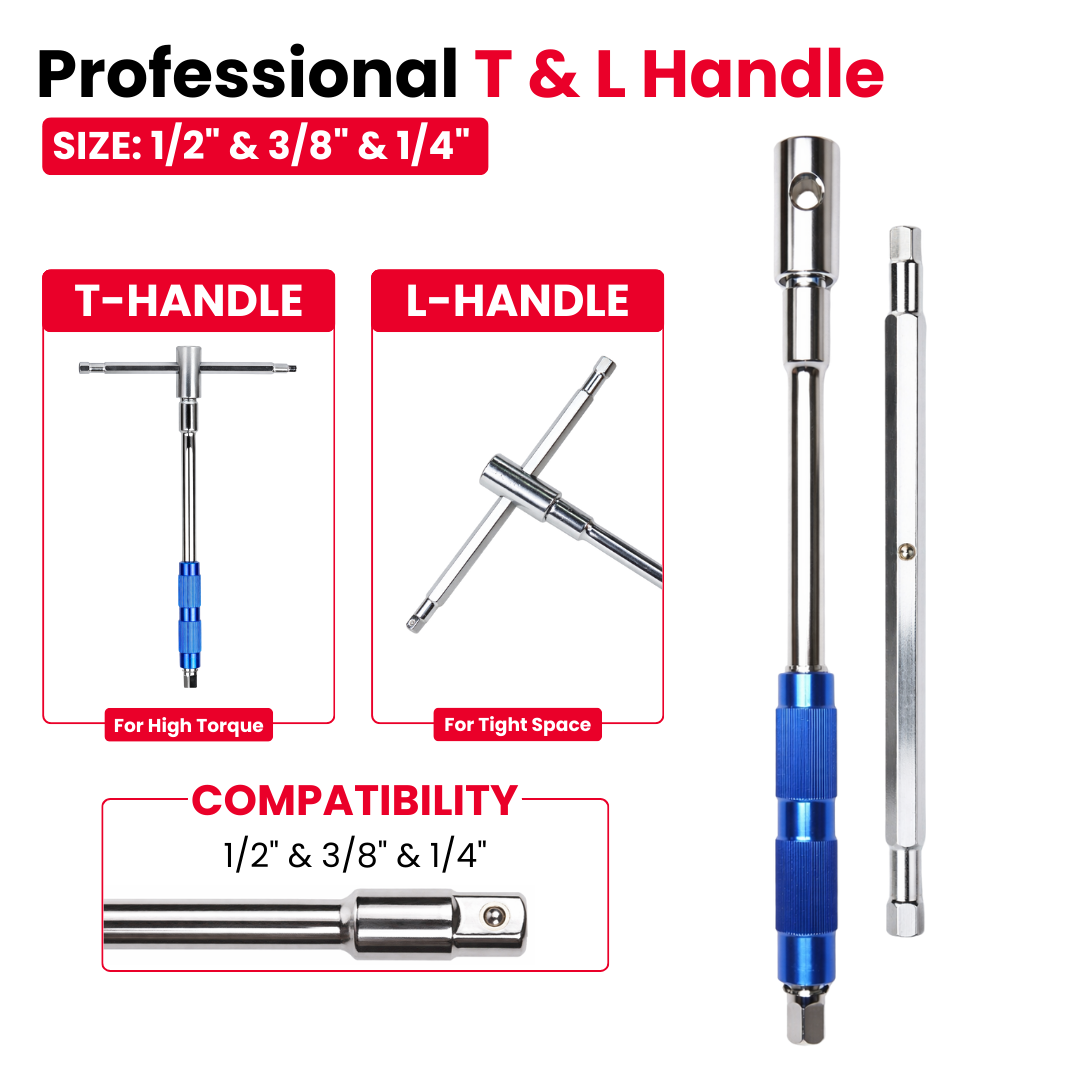Buy JPT T & L handle socket wrench with 1/2″, 3/8″ & 1/4″ drive compatibility, 360° rotating grip, ball lock design & Cr-V steel for high torque & tight spaces.