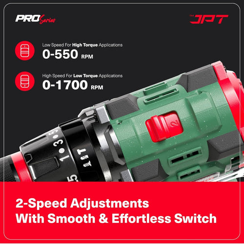 JPT Pro Series Brushless 21-volt Cordless Impact Drill Machine with 65N.m Torque | 1700 RPM Speed | 25+3 Gears | 2 Speed Modes | 3/8