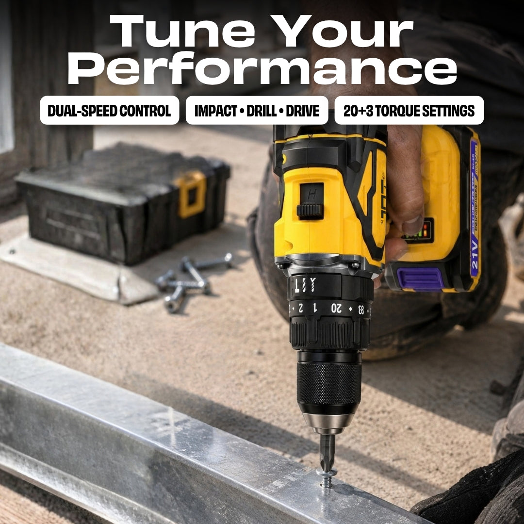 JPT New Pro Series Brushless 21-volt Cordless Impact Drill Machine with 70N.m Torque | 2150 RPM Speed | 25+3 Gears | 2 Speed Modes | 3/8" Metal Chuck | One Year Warranty