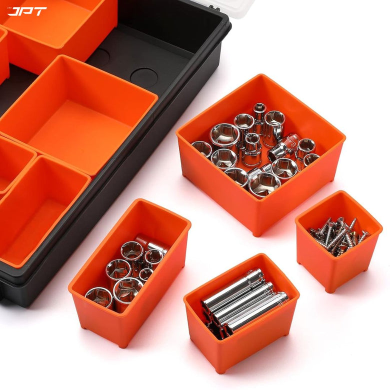 JPT Heavy-Duty Transparent 10 Removable Deep Bins Tool Organizer, Great Organization and Storage for Hardware Assorted Nails, Dowels, Screws, Nuts and Bolts