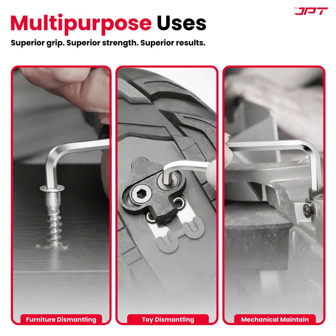 Buy JPT 9-piece CR-V Hex Allen key set (T10–T50) with 5-inch L-type design for extra leverage. Heavy duty cr-v hex key set for bike, car and workshop repair.