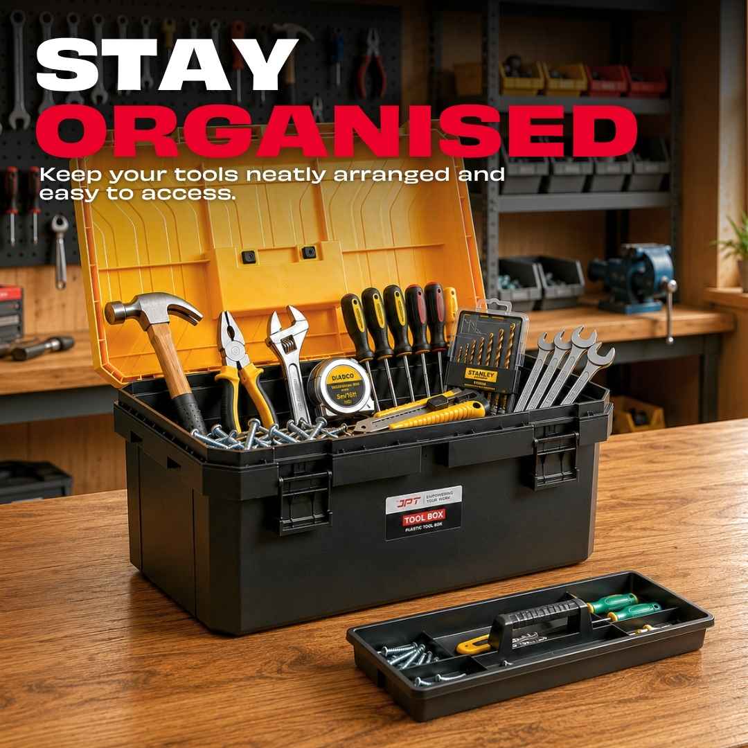 JPT 17-Inch Industrial-Grade Heavy-Duty Tool Box | Two Transparent Lids & One Removable Tray | Secure Tight Latch with Padlock Eye | Best for Electricians, Carpenters, Automobile Use & More