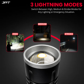 Buy JPT K17 super bright LED flashlight featuring rechargeable LED torch with 4800mAh battery, USB-C charging, power bank, telescopic zoom, and much more.