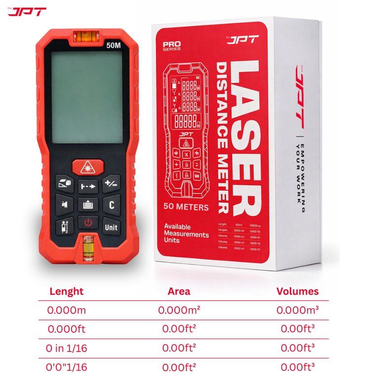 JPT 50M Laser Distance Meter | Digital Laser Measuring Tool with Area & Volume Calculation, Pythagorean Height Mode, Continuous Measurement, Unit Conversion, Backlit Display & Bubble Level