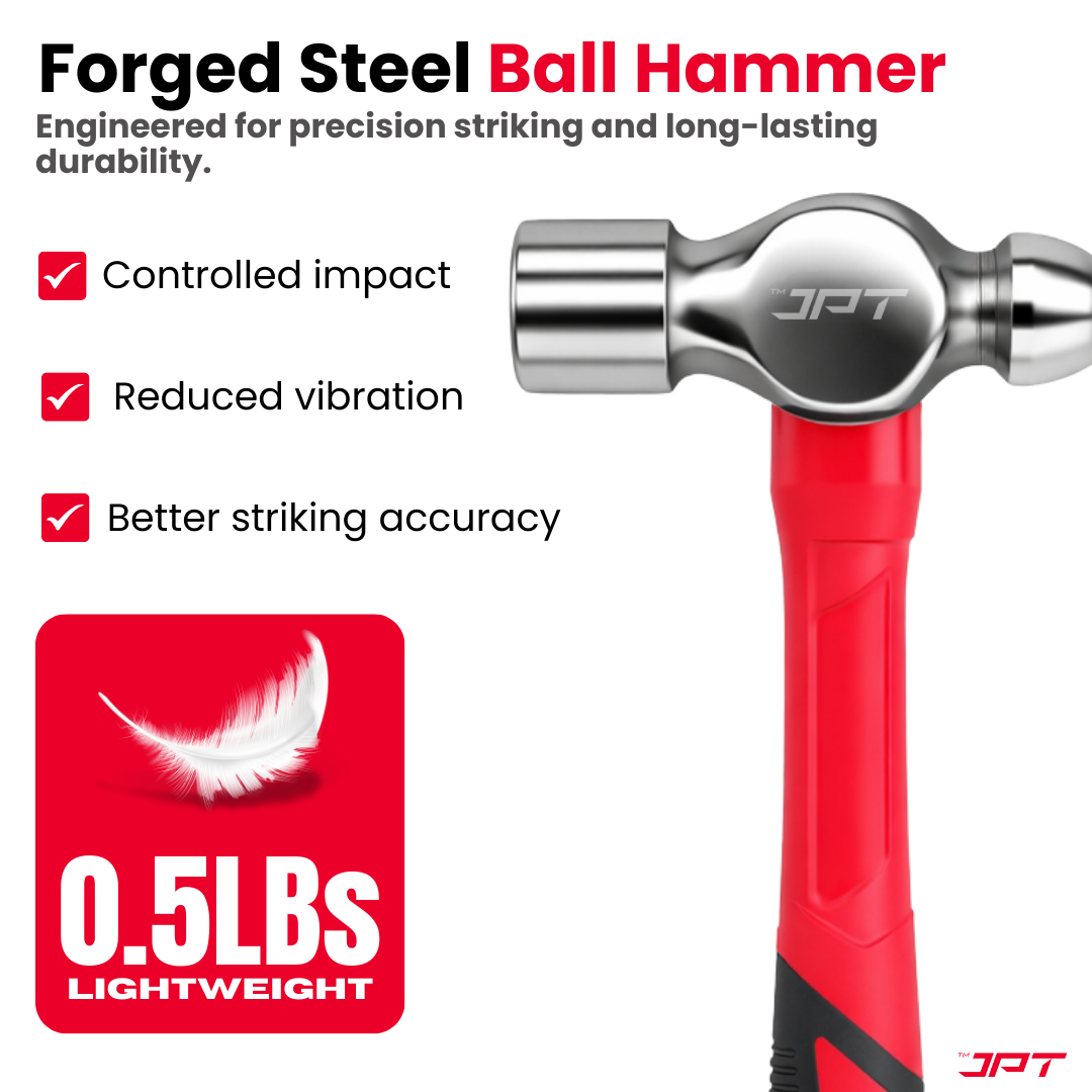 Buy JPT 0.5lbs forged steel ball peen hammer with shock-absorbing rubber grip. Ideal for metal shaping, riveting, workshop and fabrication work. Buy Now