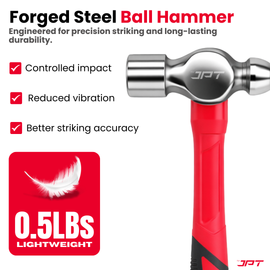 Buy JPT 0.5lbs forged steel ball peen hammer with shock-absorbing rubber grip. Ideal for metal shaping, riveting, workshop and fabrication work. Buy Now