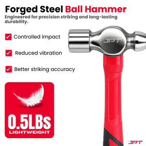 JPT 0.5lbs Forged Steel Ball Peen Hammer with Shock-Absorbing Rubber Grip – Heavy Duty Professional Engineer & Mechanic Hammer for Workshop, Metal Shaping, Riveting & Fabrication Work