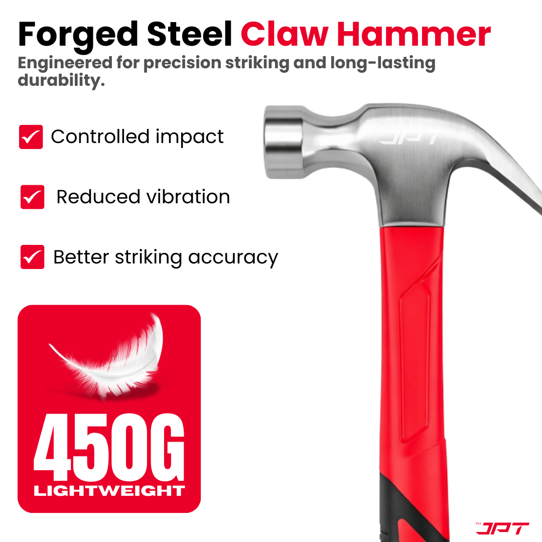 Buy JPT 450G forged steel claw hammer with anti-slip rubber grip. Ideal for carpentry, nail driving, and construction work. Best for home and workshop use.