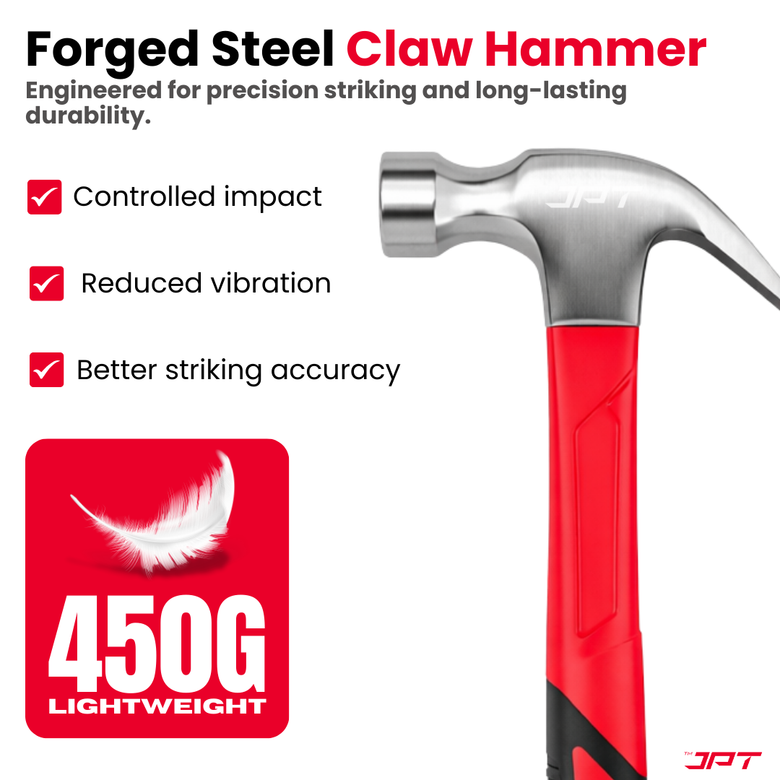 JPT 450G Forged Steel Claw Hammer with Anti-Slip Rubber Grip – Heavy Duty Carpenter Hammer for Carpentry, Woodworking & Construction Work, Professional Steel Hammer for Nail Driving & Extraction
