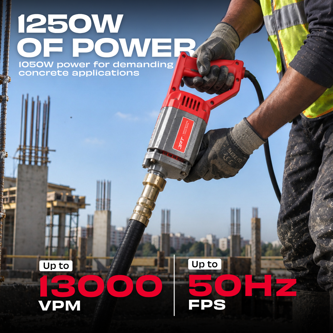 JPT Heavy Duty 1250-Watt Handheld Electric Concrete Vibrator Machine | 13000 Vibrations Per Minute | 1300 RPM Speed | 35mm Chuck | Copper Armature | With 3-Metre Vibrator Needle Included