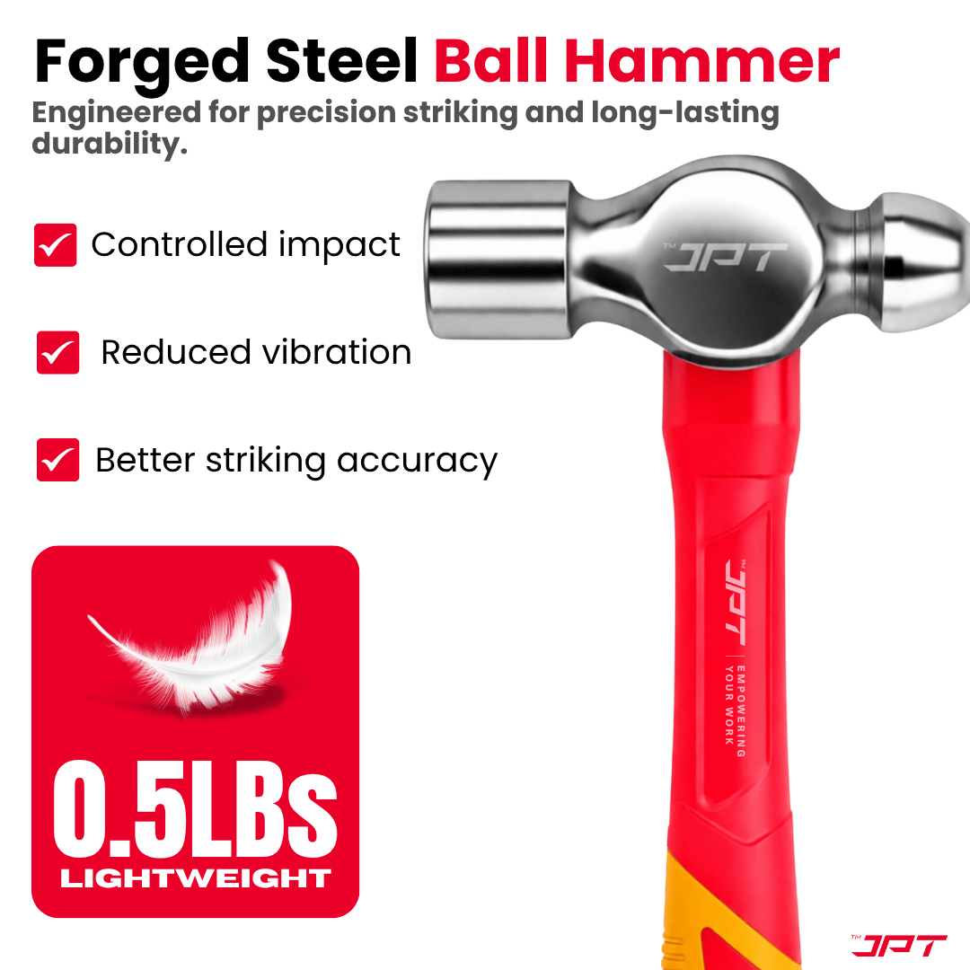 JPT 0.5lbs Forged Steel Ball Peen Hammer with Shock-Absorbing Rubber Grip – Heavy Duty Professional Engineer & Mechanic Hammer for Workshop, Metal Shaping, Riveting & Fabrication Work