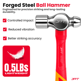 JPT 0.5lbs Forged Steel Ball Peen Hammer with Shock-Absorbing Rubber Grip – Heavy Duty Professional Engineer & Mechanic Hammer for Workshop, Metal Shaping, Riveting & Fabrication Work