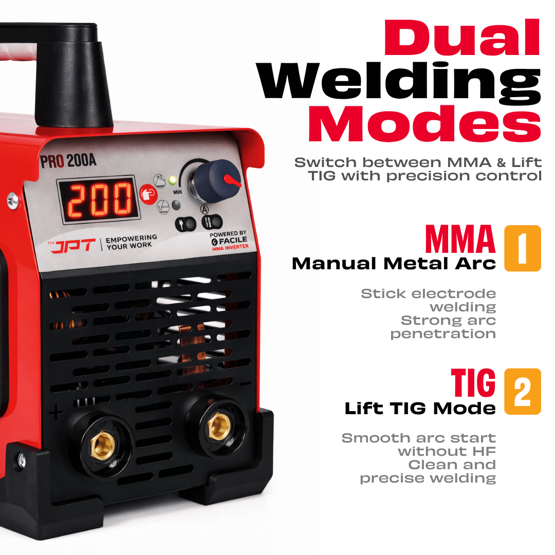 JPT True Output 200A MMA Inverter Welding Machine | LED Display, Lift TIG, Hot Start, Arc Force & Anti-Stick | Compact & Reliable Welding Machine