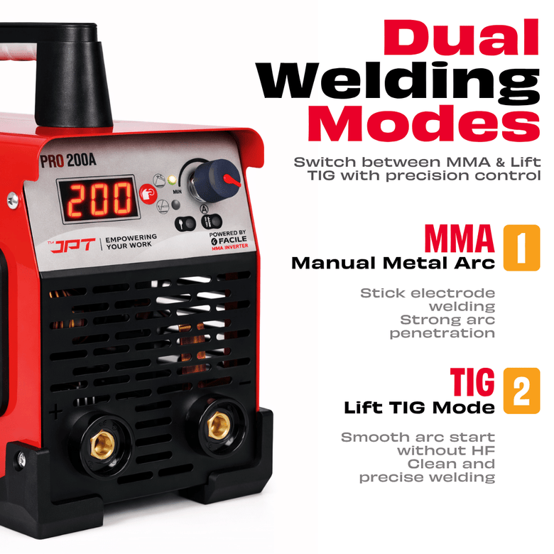 JPT True Output 200A MMA Inverter Welding Machine | LED Display, Lift TIG, Hot Start, Arc Force & Anti-Stick | Compact & Reliable Welding Machine
