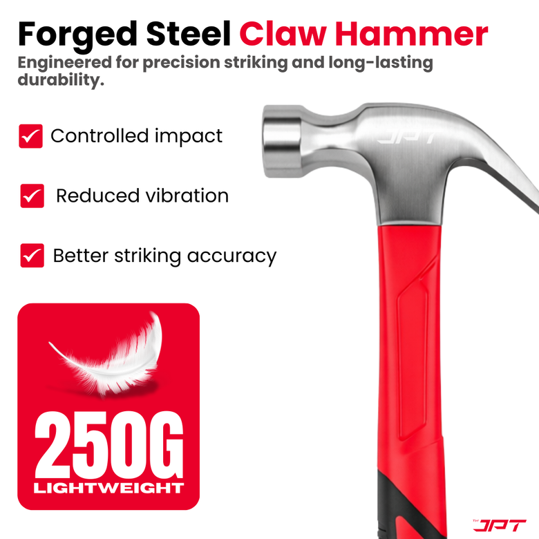 JPT 250G Forged Steel Claw Hammer with Anti-Slip Rubber Grip – Heavy Duty Carpenter Hammer for Carpentry, Woodworking & Construction Work, Professional Steel Hammer for Nail Driving & Extraction
