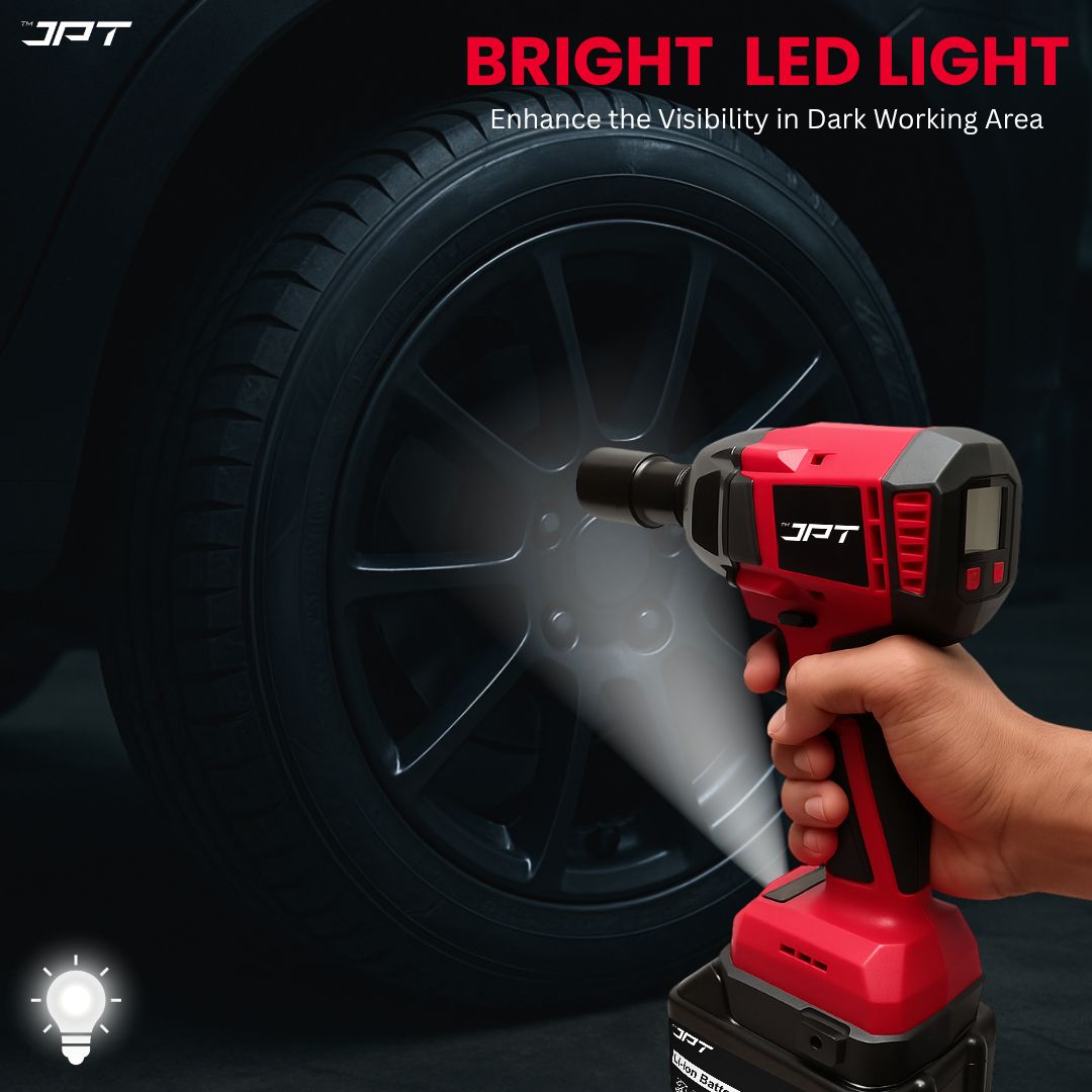 JPT 21V Heavy-Duty Cordless Impact Wrench | Brushless Motor | 400N·M Torque | 3500RPM Speed | 4000mAh Li-Ion Battery | Smart LED Display & Panel | Forward/Reverse | Best for Car, Bike, and Home Use