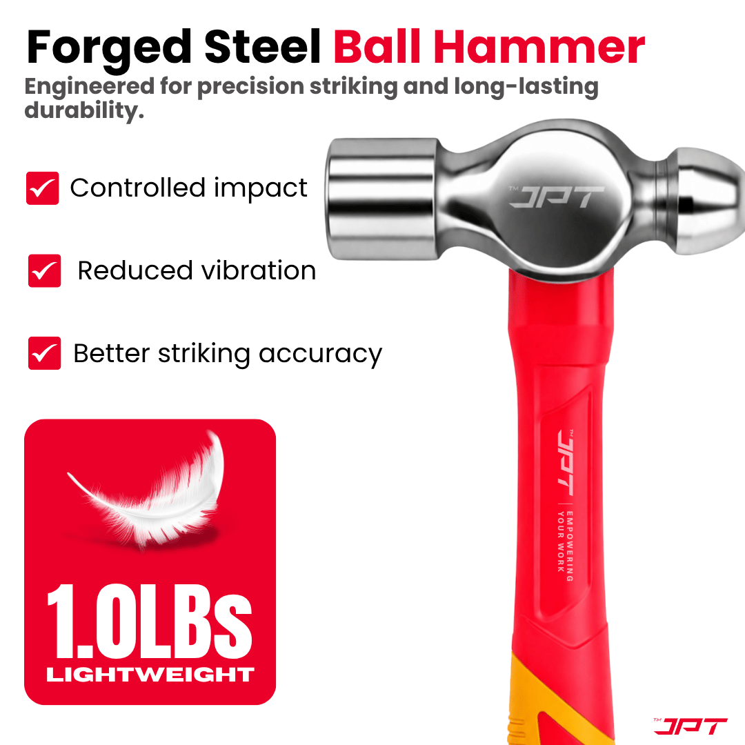 JPT 1.0lbs Forged Steel Ball Peen Hammer with Shock-Absorbing Rubber Grip – Heavy Duty Professional Engineer & Mechanic Hammer for Workshop, Metal Shaping, Riveting & Fabrication Work