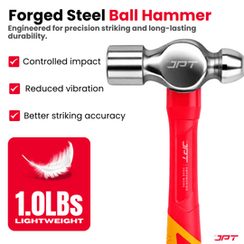 JPT 1.0lbs Forged Steel Ball Peen Hammer with Shock-Absorbing Rubber Grip – Heavy Duty Professional Engineer & Mechanic Hammer for Workshop, Metal Shaping, Riveting & Fabrication Work