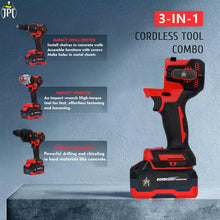 JPT 3-in-1 21V Brushless Cordless Multi-Tool Kit, 3-Speed Power Unit with Impact Drill/Driver, Impact Wrench, 2-20 Rotary Hammer Attachment