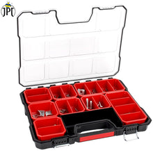 JPT Shallow Tool Organizer Box with 8 Removable Containers and Dividers, Heavy-Duty Storage Case with Transparent Lid for Tools, Hardware, Screws, and Small Items