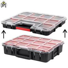 JPT Combo Deep and Shallow Tool Organizer Set with 10 & 8 Removable Bins, Adjustable Dividers, Heavy-Duty Storage Boxes with Transparent Lids for Tools, Hardware, Screws, and Small Parts